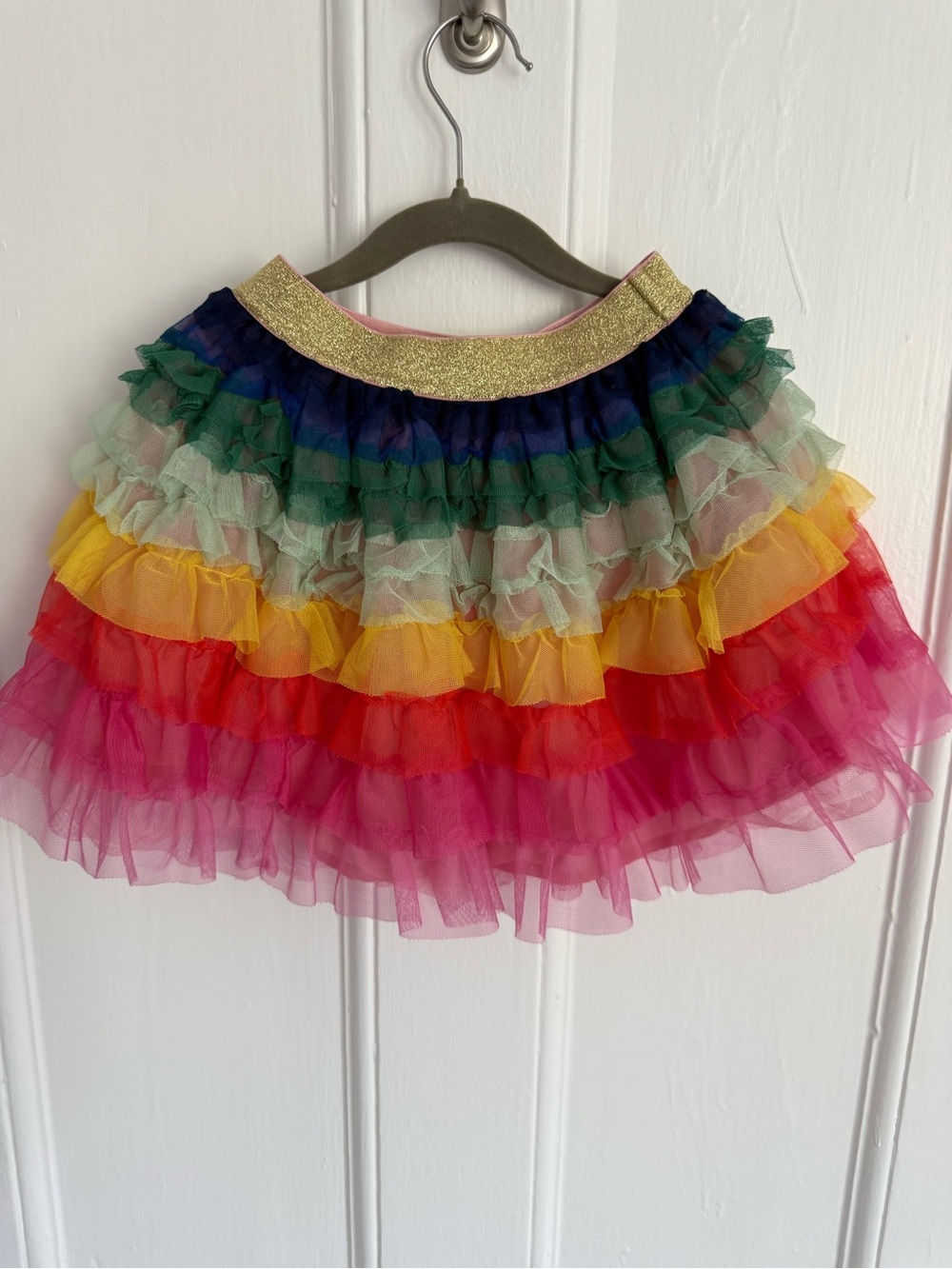Mini Boden Rainbow Ruffle Skirt with Gold Waistband
